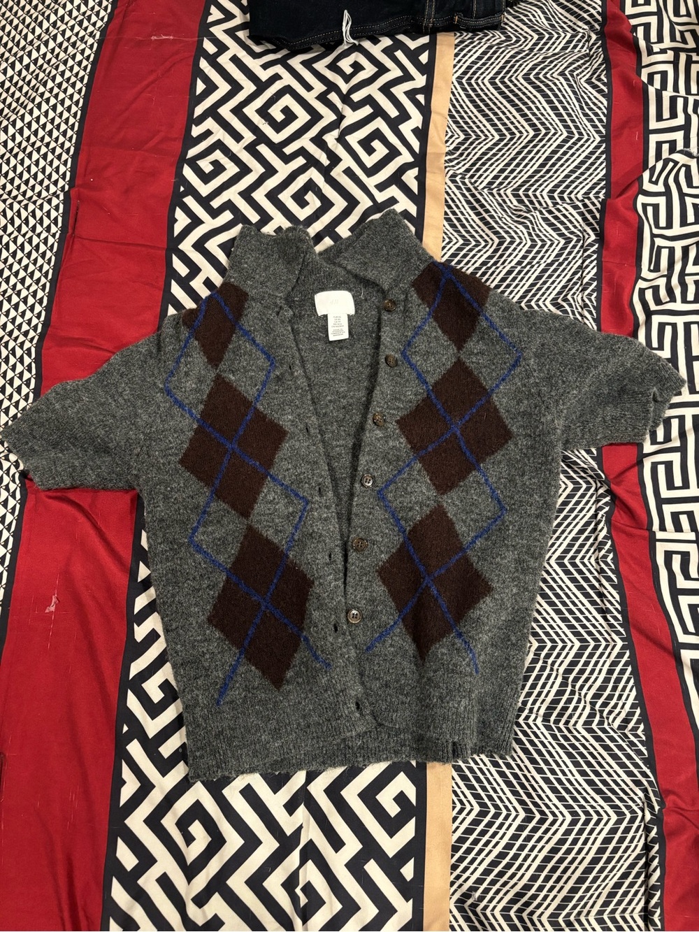H&M Gray Short-Sleeve Argyle Button Cardigan with Brown and Blue Accents